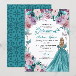 Teal & Mauve Sunset Quinceanera Princess Inbjudningar