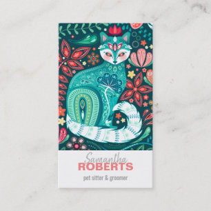 Teal Maximalist Cat Blommigt Folk Art Affärskort Visitkort