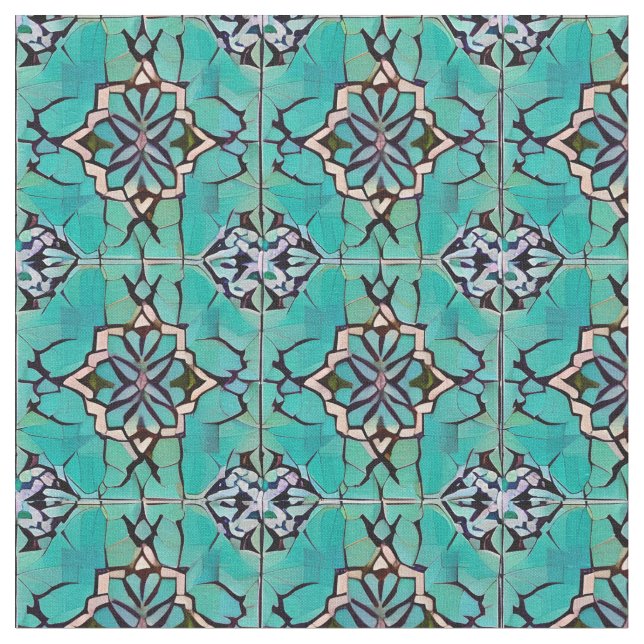 Teal Medallion Tuscan Stil Upprepande Mönster Tyg (Närbild)