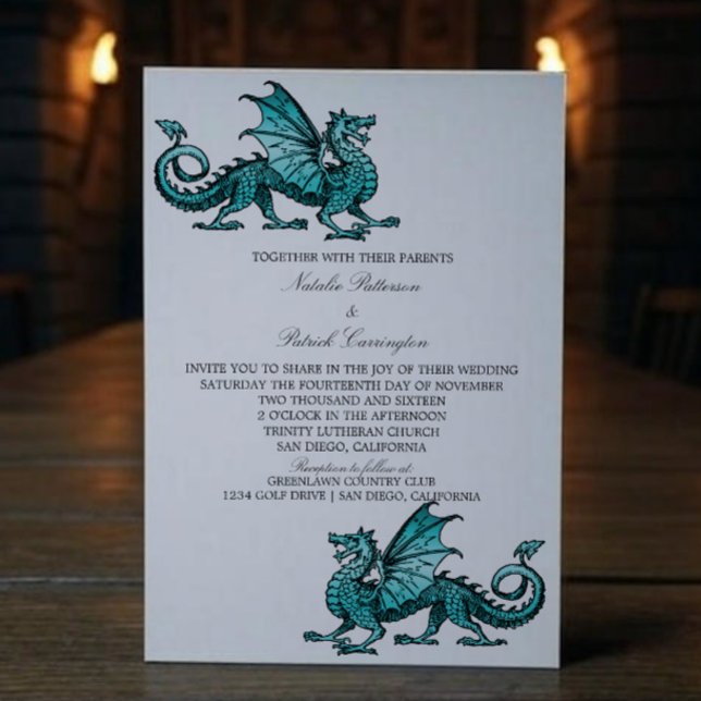 Teal Medieval Dragon Wedbjudande bjudande in Inbjudningar (Teal Medieval Dragon Wedding Invite)