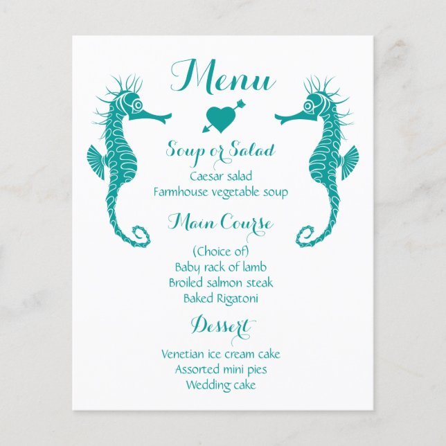 Teal Menu Seahorse Bröllop - Beach Nautical (Framsida)
