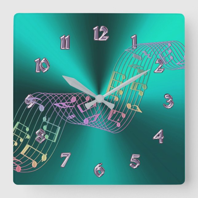 Teal Metallic Musik noter Clock Fyrkantig Klocka (Framsida)
