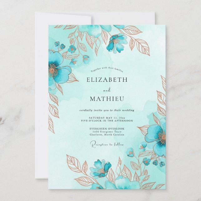 Teal Metallic Watercolor Coastal Wedding Inbjudningar (Framsida)