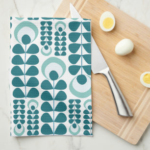 Teal Mid Mod Blommönster Kökshandduk