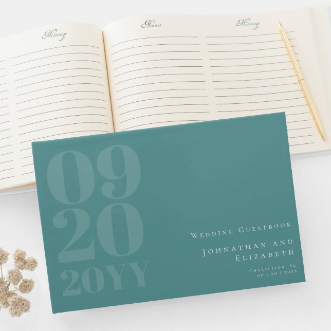 Teal Minimalist Fold Type Bröllop Gästböcker (InSitu)