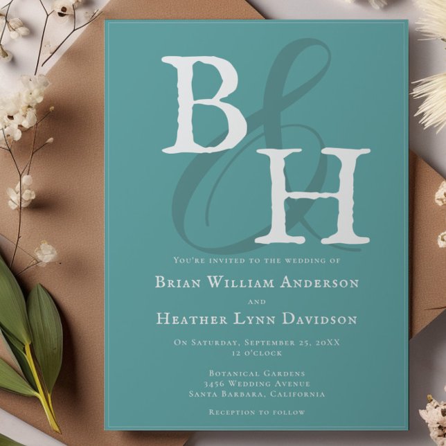 Teal Minimalist Monogram Bröllop Inbjudningar (Teal Minimalist Monogram Wedding Invitation)