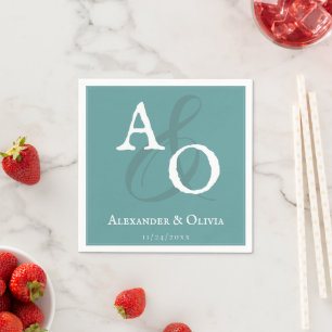 Teal Minimalist Monogram Bröllop Pappersservett