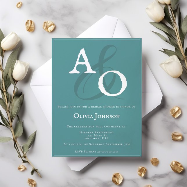 Teal Minimalist Monogram-Möhippa Inbjudningar (Teal Minimalist Monogram Bridal Shower Invitation)