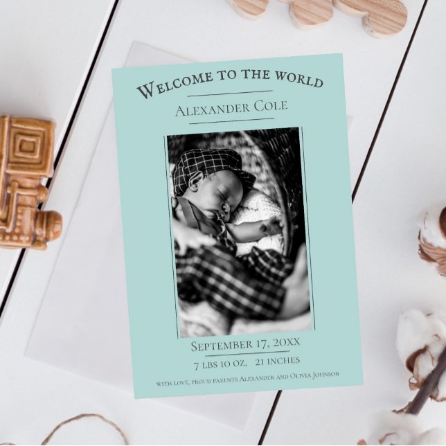 Teal Minimalist Photo Birth-meddelande Meddelande (Teal Minimalist Photo Birth Announcement)