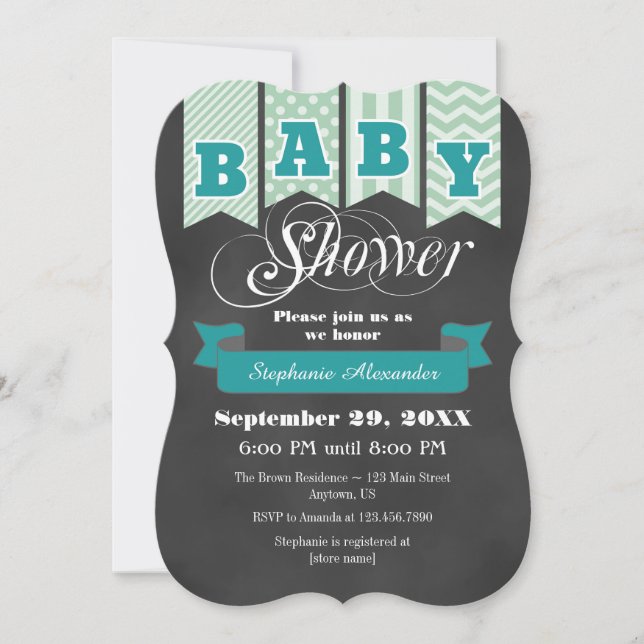 Teal Mint Chalkboard Flagga Baby Shower Inbjudan (Framsida)