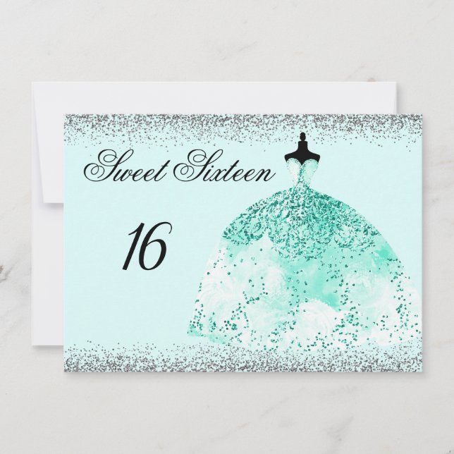 Teal Mint Glitter Confetti Sweet 16 inbjudan (Framsida)
