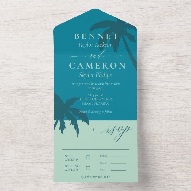 Teal & Mint Grönt Handflatan Träd Beach Wedding (Insida)