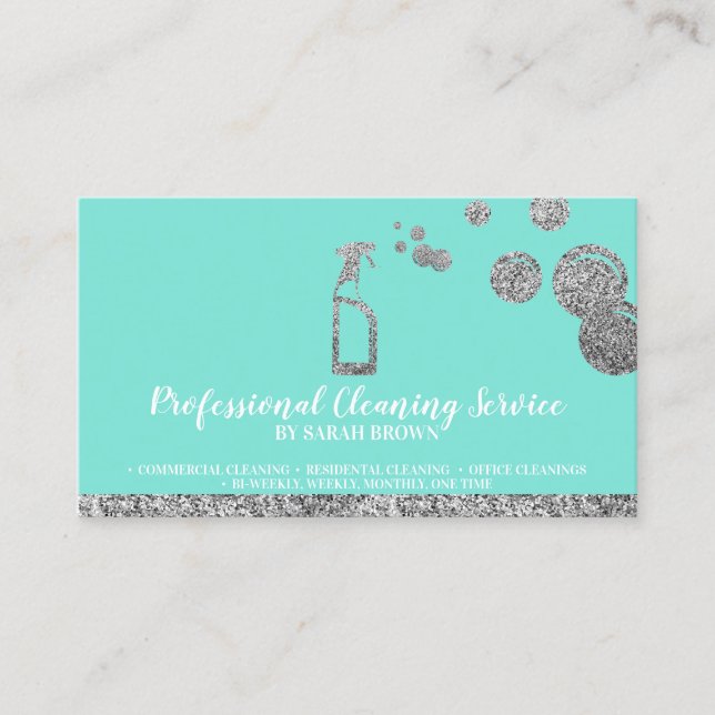 Teal Mint Silver Glitter Rengörande Städhjälp Kont Visitkort (Framsida)