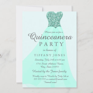 Teal Mint Sparkling Glitter Gown Quinceanera Party Inbjudningar