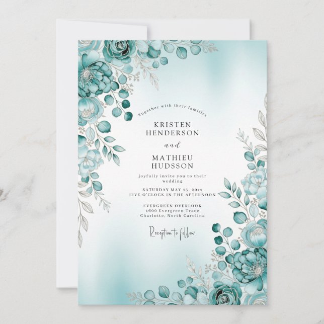 Teal Misty Botanical Winter Wedding Inbjudningar (Framsida)