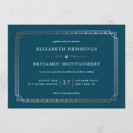 Teal Modern Art Deco Ro guldolja Gräns Bröllop Inbjudningar