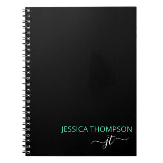 Teal Modern Black Simple Script Monogram Namn Anteckningsbok