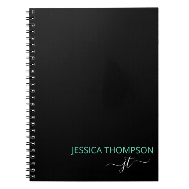 Teal Modern Black Simple Script Monogram Namn Anteckningsbok (Framsidan)
