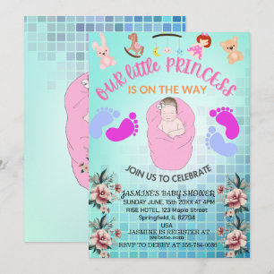 Teal Modern Boho Blommigt Princess Flicka Shower Inbjudningar