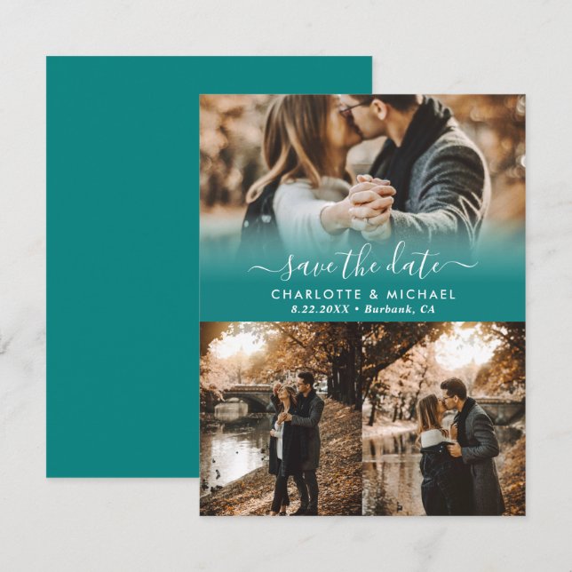 Teal Modern Bröllop Photo Save Date Card Meddelande (Fram/baksida)