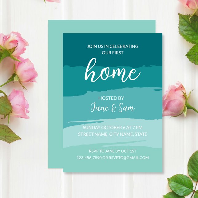 Teal Modern Elegant Nya hemmet Party Inbjudningar (Teal Aqua Blue Ombre Brush Modern Elegant New Home Change Of Address Housewarming Party Invitation)