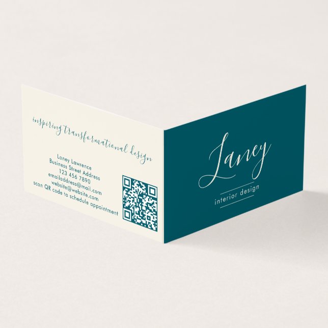 Teal Modern Elegant Script QR Code Professional Visitkort (Utsida)