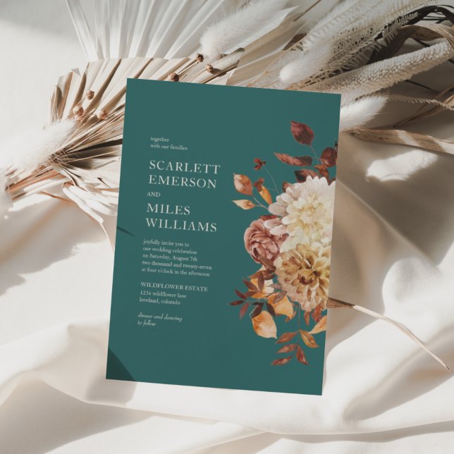 Teal Modern Fall Terracotta Blommigt Bröllop Inbjudningar (Teal Modern Fall Terracotta Floral Wedding Invitation by Painted Paperie
)