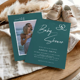 Teal Modern Script Baby Shower Photo Inbjudningar