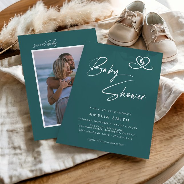 Teal Modern Script Baby Shower Photo Inbjudningar (Skapare uppladdad)