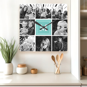 Teal Monogram Family Photo Collage Fyrkantig Klocka