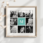Teal Monogram Family Photo Collage Poster<br><div class="desc">Visning dina omhuldade familjeminnen med den här snyggten poster teal monogram fotokollage. Med ett centralt monogram och ett rutnät av dina favoritfoton i svart och vitt i klassiskt format kombinerar den här poster elegant anpassning med modern beröring. Den pulserande tealaccenten tillför en frän känsla och contemporary, skapar den som perfektens...</div>