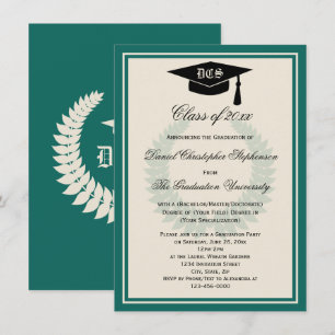 Teal Monogram Laurel Classic College Graduation Inbjudningar