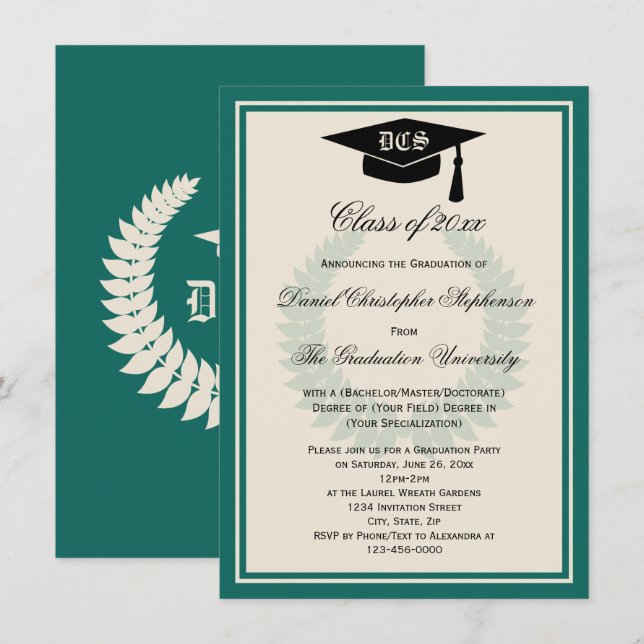 Teal Monogram Laurel Classic College Graduation Inbjudningar (Fram/baksida)