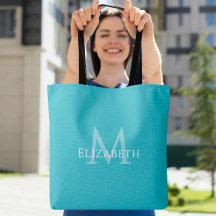 Teal Monogram Modern Name Initial Tote