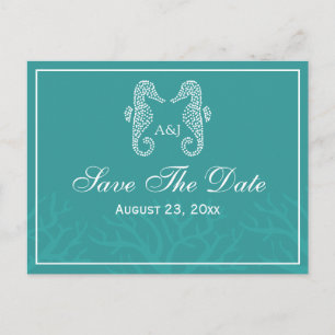 Teal Monogram Seahorse Save the Date Postcards Meddelande Vykort