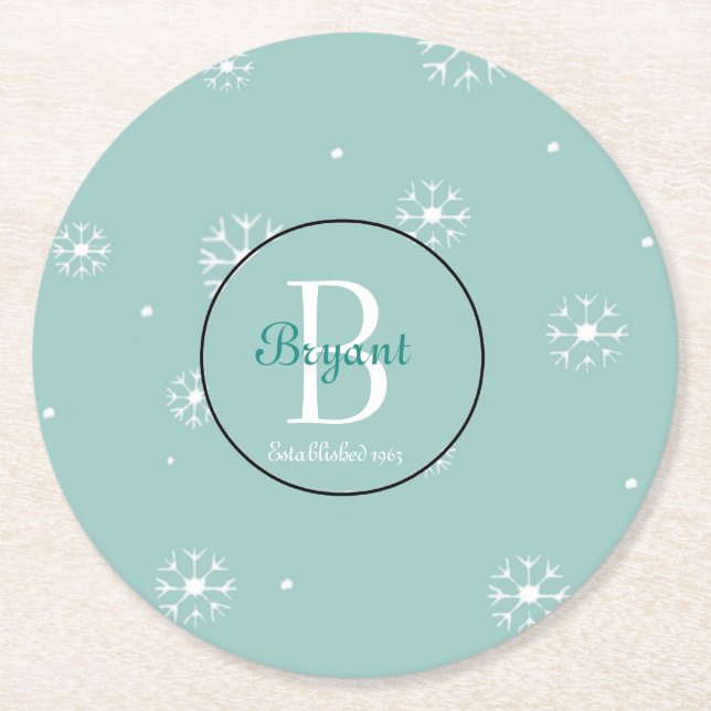 Teal Monogram Snowflake Underlägg (Framsidan)
