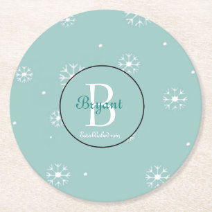 Teal Monogram Snowflake Underlägg Papper Rund