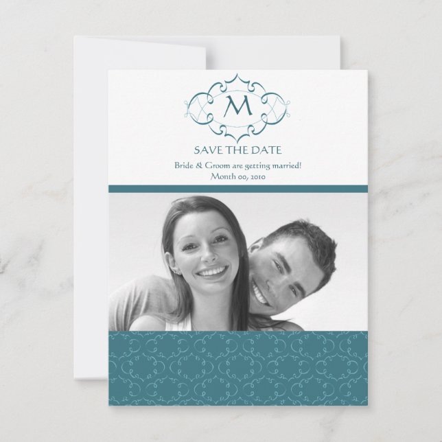 Teal Monogram Spara Datum Foto Kort (Framsida)