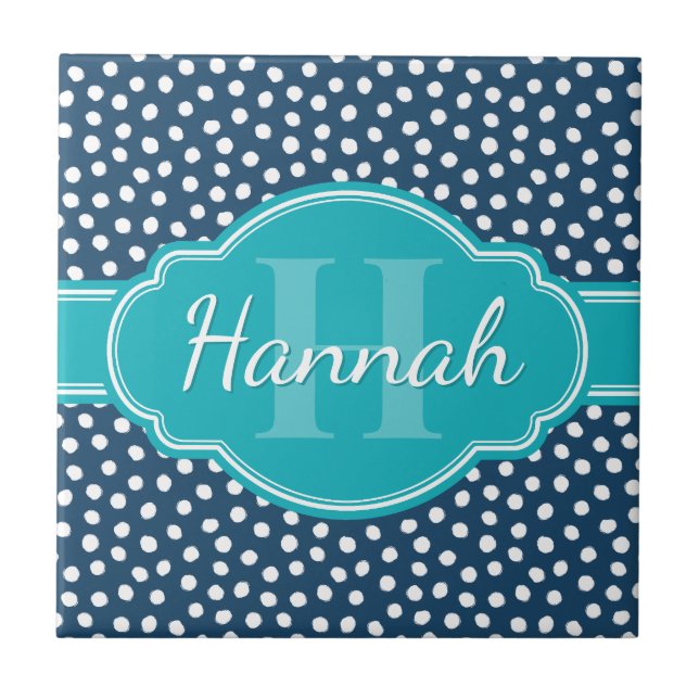 Teal Monogram, vit prickad Mönster Kakelplatta (Framsidan)