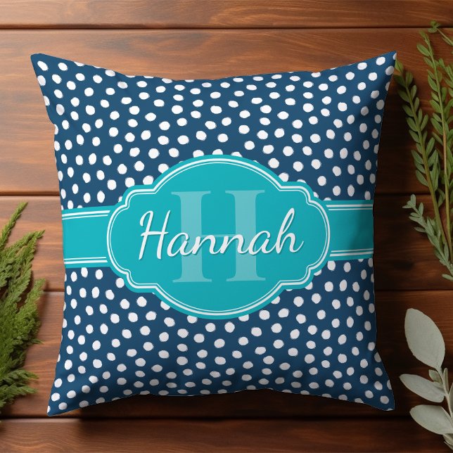 Teal Monogram, vit prickad Mönster Kudde (Skapare uppladdad)