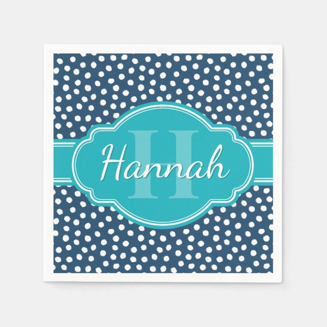 Teal Monogram, vit prickad Mönster Pappersservett (Framsidan)