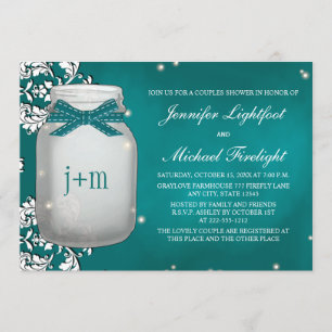 Teal Monogrammed Firefly Mason Burk Par Shower Inbjudningar