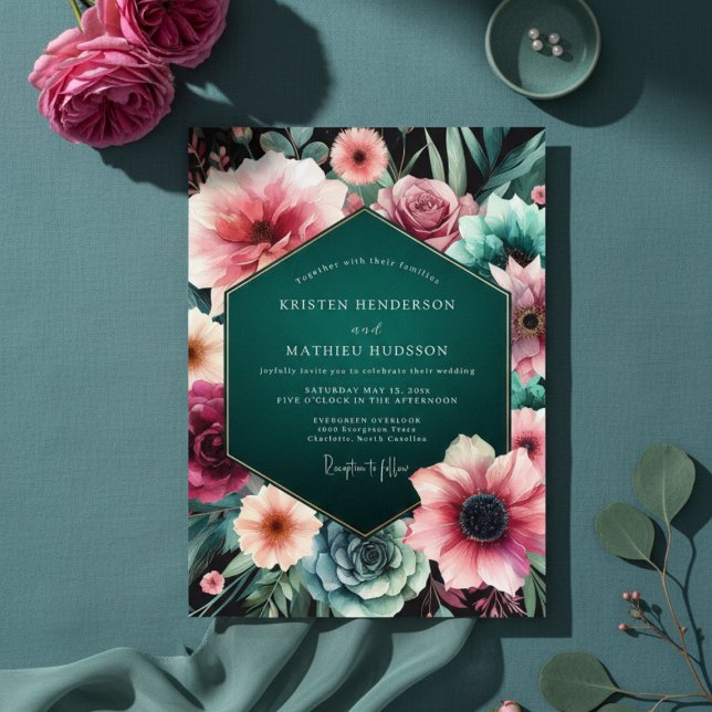 Teal Moody Blommig Elegans Bröllop Inbjudningar (Skapare uppladdad)