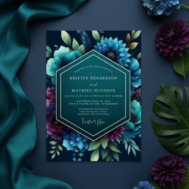 Teal Moody Bloom Bröllop Inbjudningar (Skapare uppladdad)