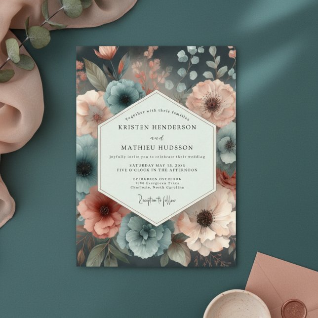 Teal Moody Bloom Romantik Bröllop Inbjudningar (Skapare uppladdad)