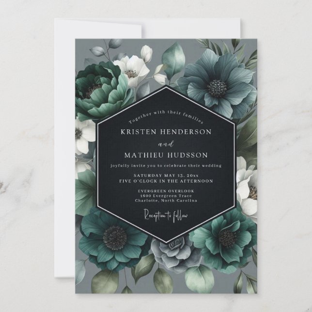 Teal Moody Bloom Wedding Inbjudningar (Framsida)