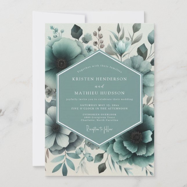 Teal Moody Floral Bröllop Inbjudningar (Framsida)