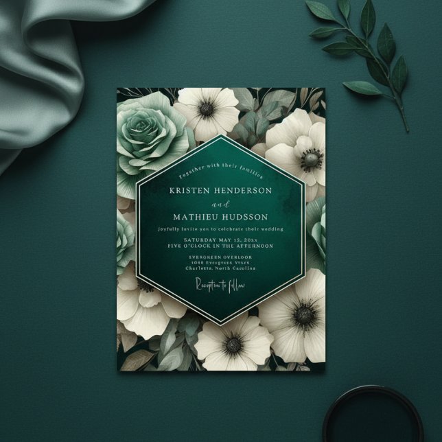 Teal Moody Floral Opulence Wedding Inbjudningar (Skapare uppladdad)
