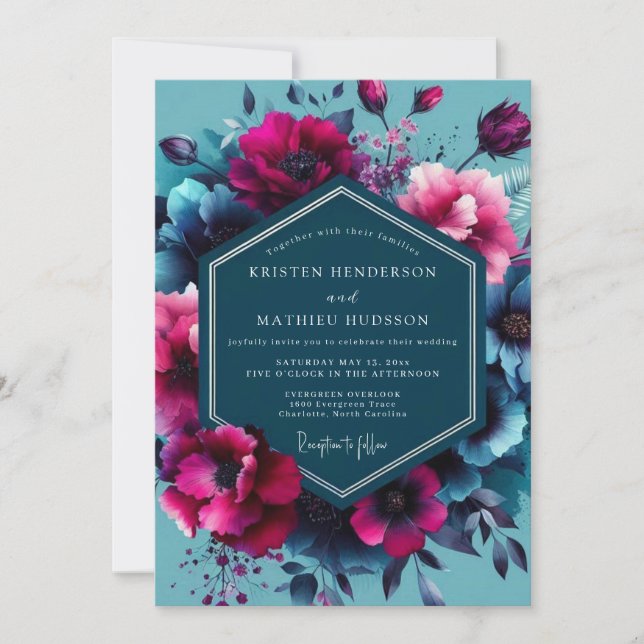 Teal Moody Floral Opulence Wedding Inbjudningar (Framsida)