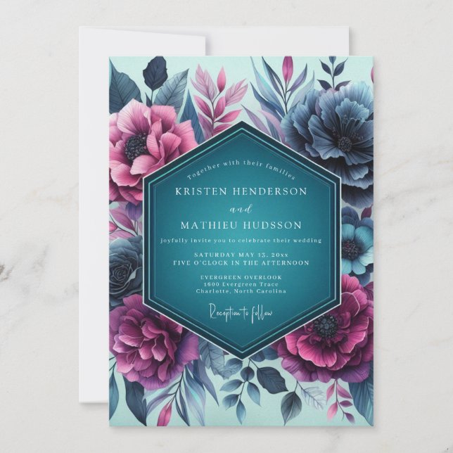 Teal Moody Floral Romance Wedding Inbjudningar (Framsida)